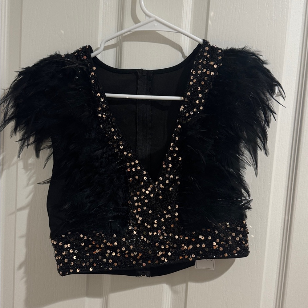 Party Feather Trim Zipper Back Crop Top